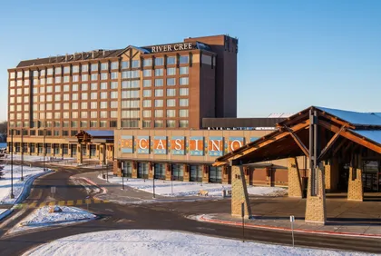 River Cree Resort hotel and entrance on a winter morning